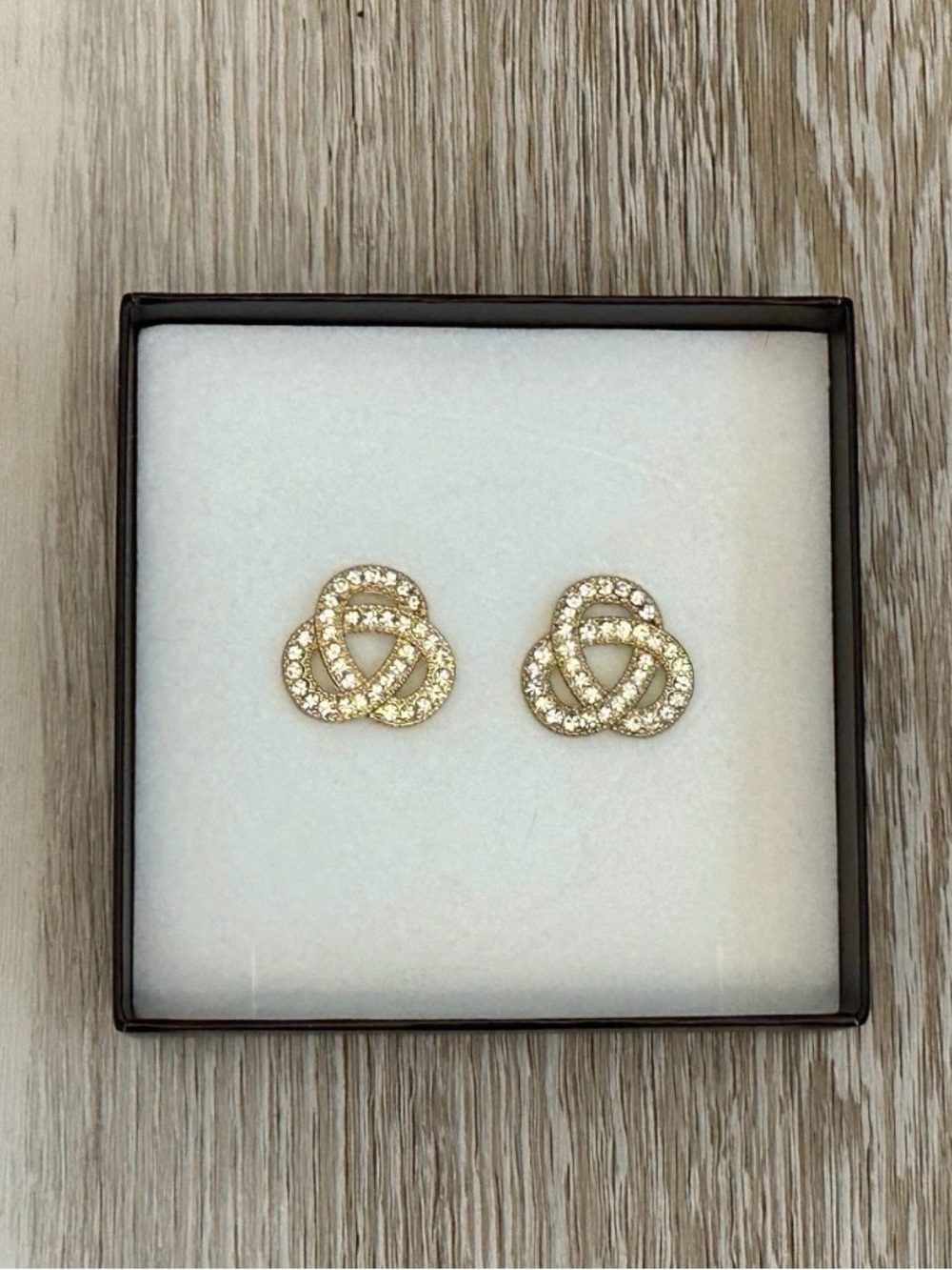 Gorgeous Rhinestone Earrings Infinity Loop Design Gold Tone Metal
